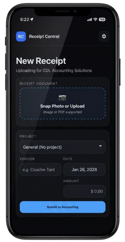Receipt Control™ app showing one-tap receipt upload